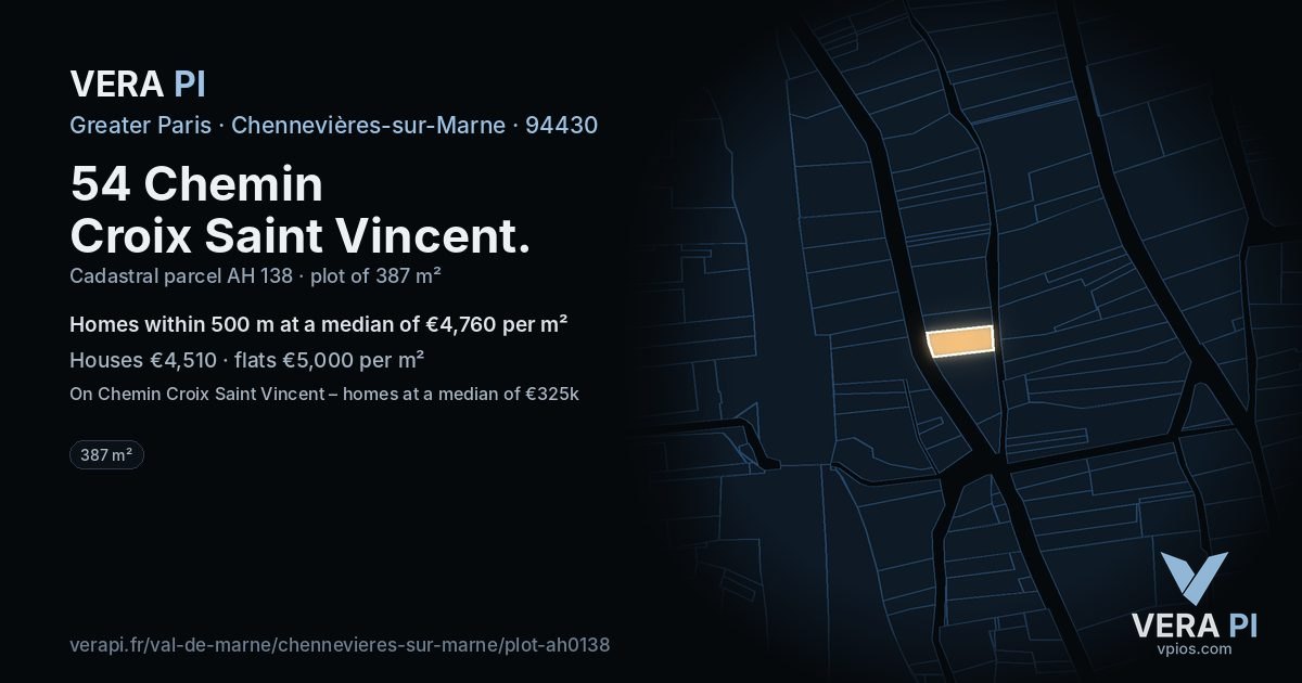 54 Chemin Croix Saint Vincent, Chennevières-sur-Marne at night – the plot lit, the parcels around coloured by the prices near them