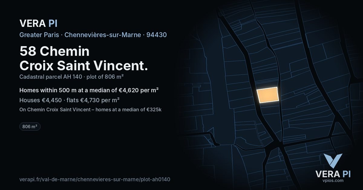 58 Chemin Croix Saint Vincent, Chennevières-sur-Marne at night – the plot lit, the parcels around coloured by the prices near them