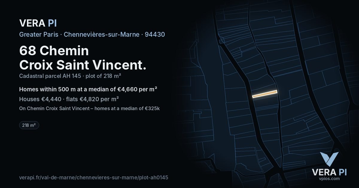 68 Chemin Croix Saint Vincent, Chennevières-sur-Marne at night – the plot lit, the parcels around coloured by the prices near them