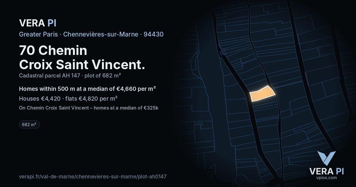 70 Chemin Croix Saint Vincent, Chennevières-sur-Marne at night – the plot lit, the parcels around coloured by the prices near them