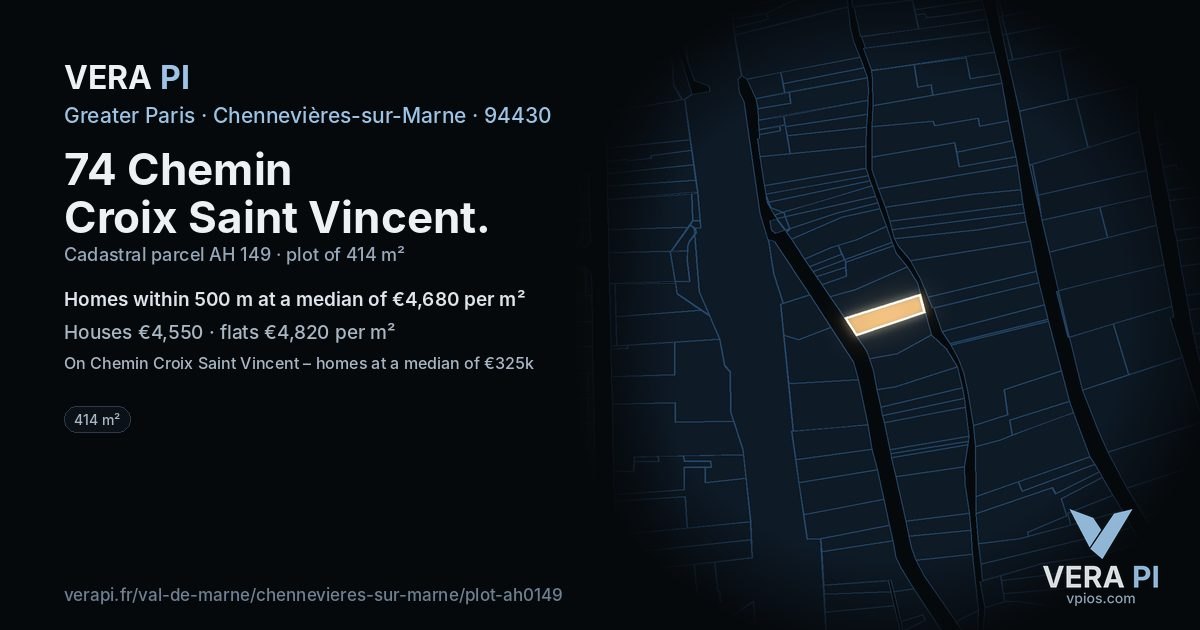 74 Chemin Croix Saint Vincent, Chennevières-sur-Marne at night – the plot lit, the parcels around coloured by the prices near them