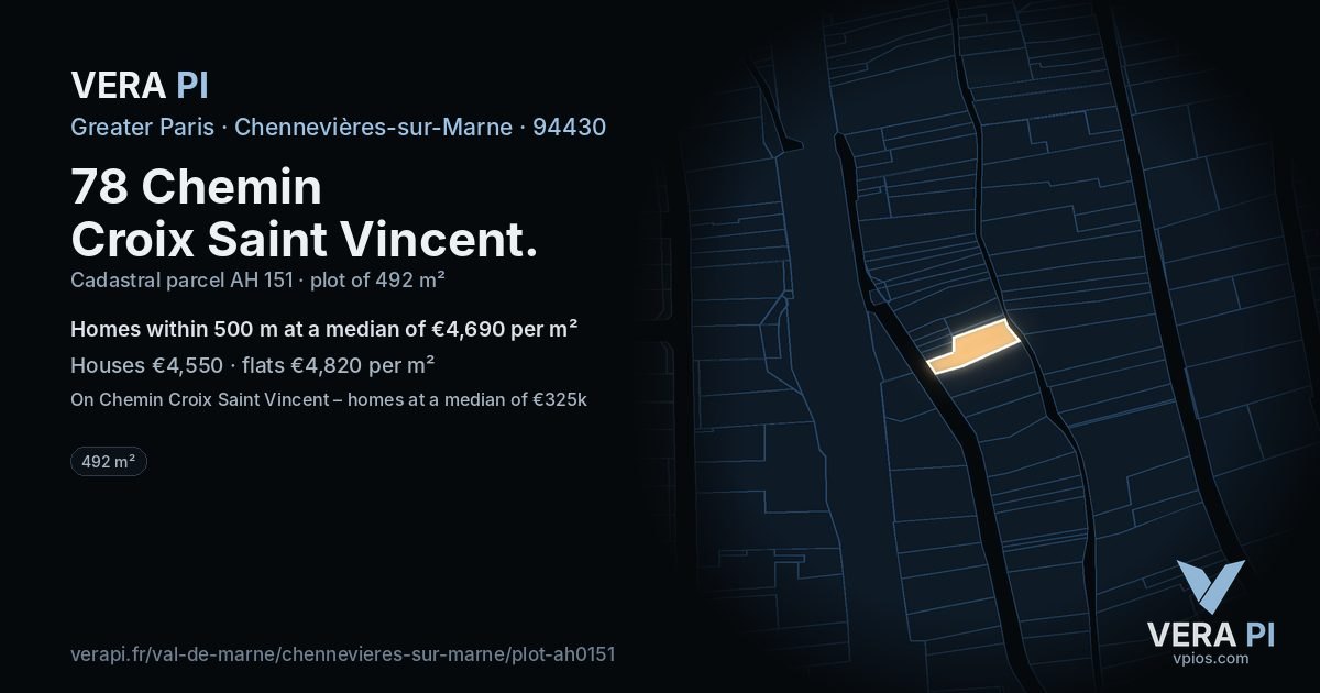 78 Chemin Croix Saint Vincent, Chennevières-sur-Marne at night – the plot lit, the parcels around coloured by the prices near them