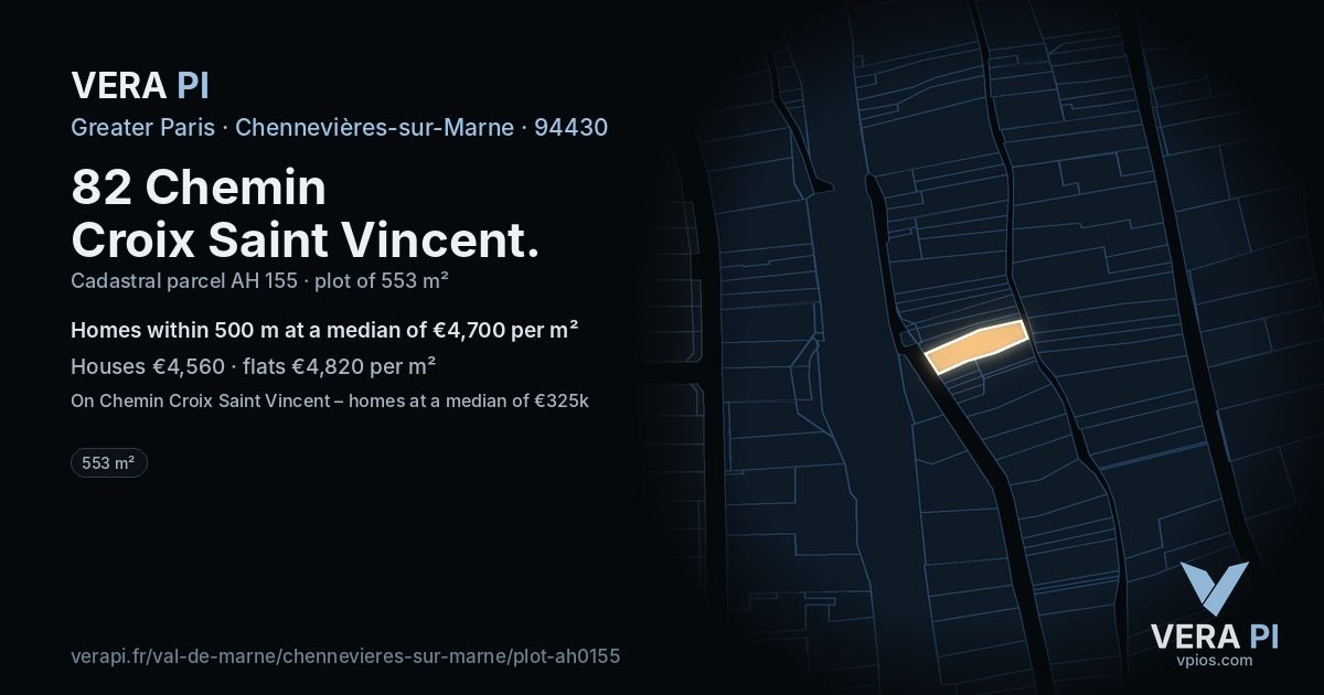 82 Chemin Croix Saint Vincent, Chennevières-sur-Marne at night – the plot lit, the parcels around coloured by the prices near them