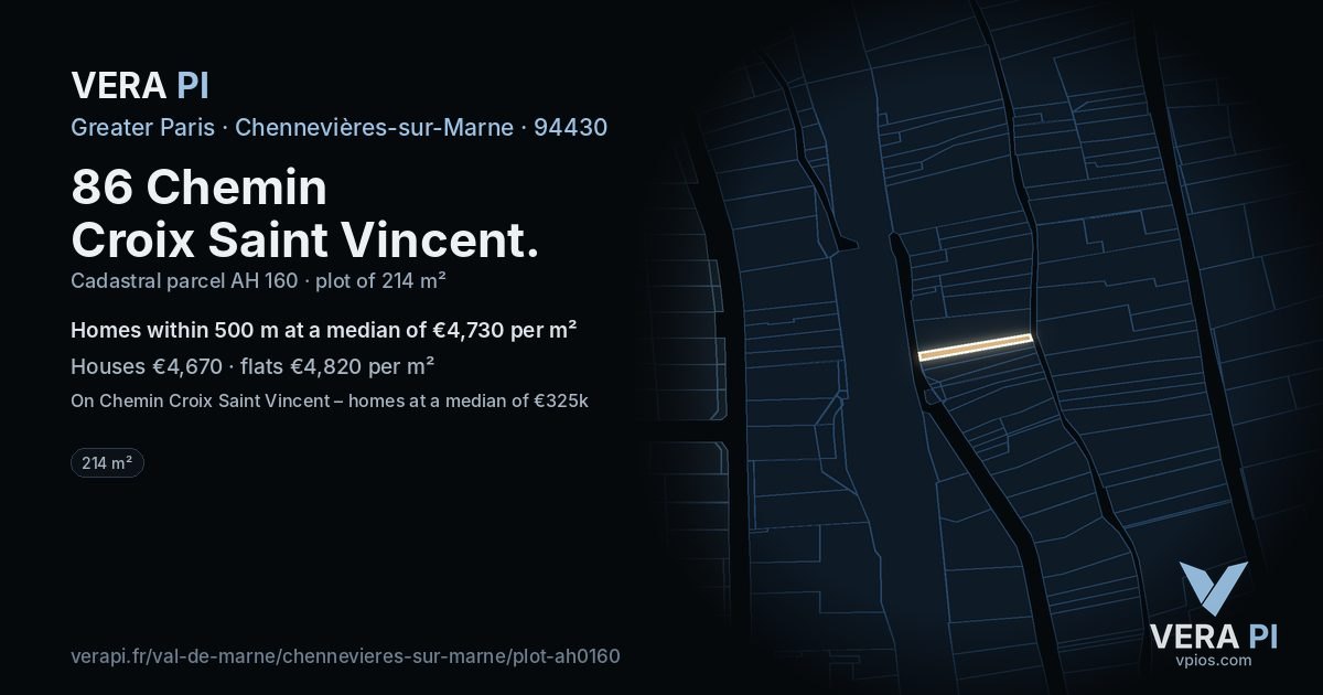 86 Chemin Croix Saint Vincent, Chennevières-sur-Marne at night – the plot lit, the parcels around coloured by the prices near them