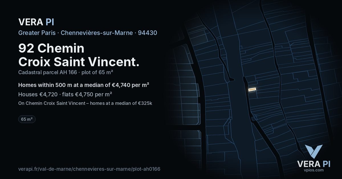 92 Chemin Croix Saint Vincent, Chennevières-sur-Marne at night – the plot lit, the parcels around coloured by the prices near them