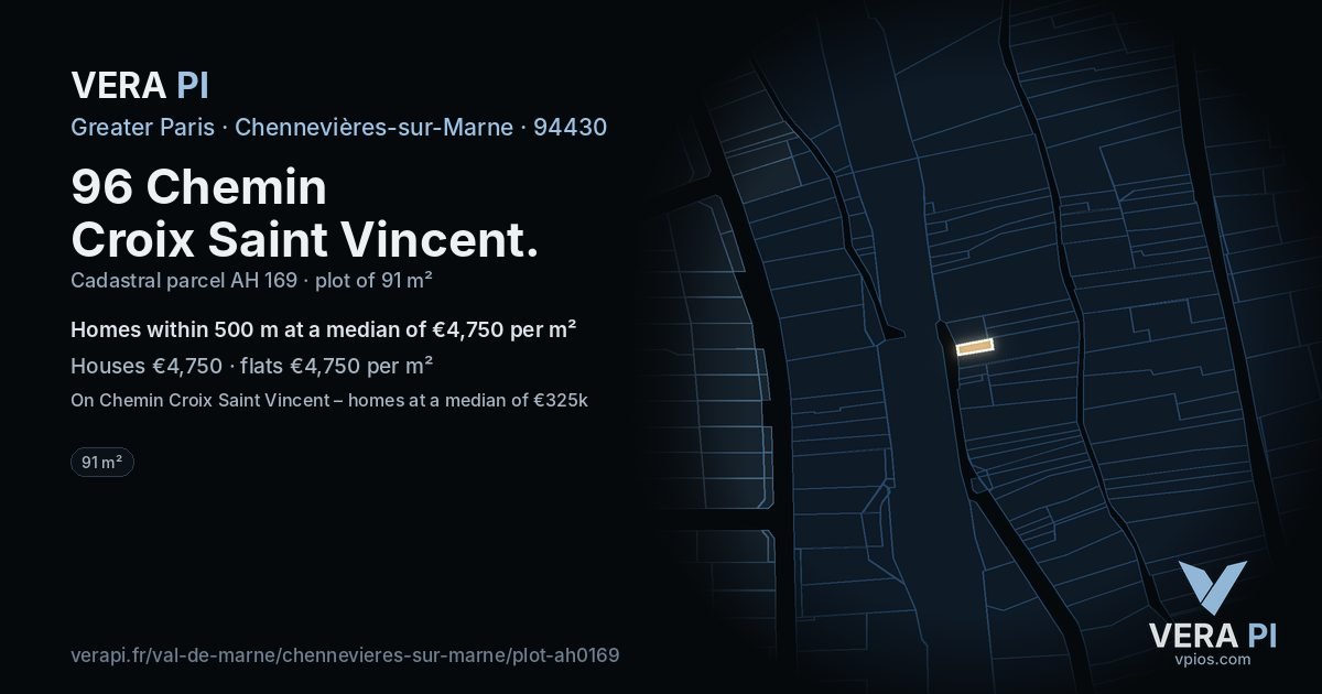 96 Chemin Croix Saint Vincent, Chennevières-sur-Marne at night – the plot lit, the parcels around coloured by the prices near them