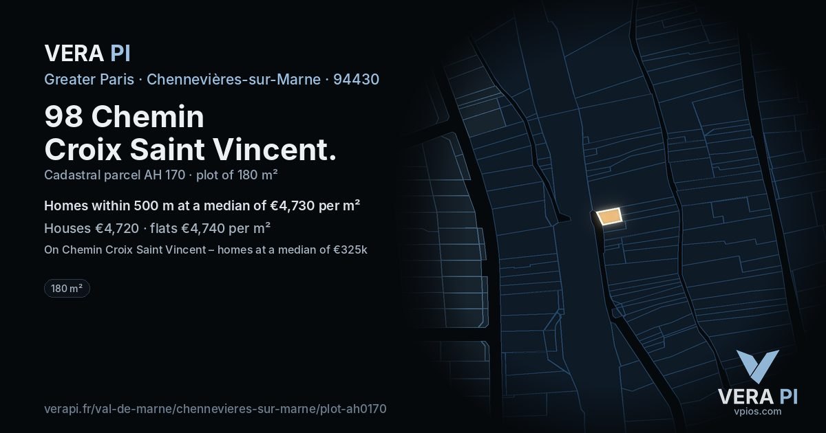98 Chemin Croix Saint Vincent, Chennevières-sur-Marne at night – the plot lit, the parcels around coloured by the prices near them