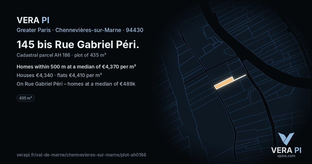 145 bis Rue Gabriel Péri, Chennevières-sur-Marne at night – the plot lit, the parcels around coloured by the prices near them