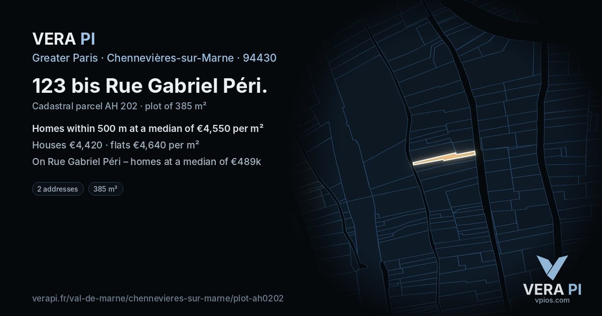 123 bis Rue Gabriel Péri, Chennevières-sur-Marne at night – the plot lit, the parcels around coloured by the prices near them
