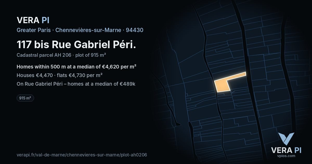 117 bis Rue Gabriel Péri, Chennevières-sur-Marne at night – the plot lit, the parcels around coloured by the prices near them