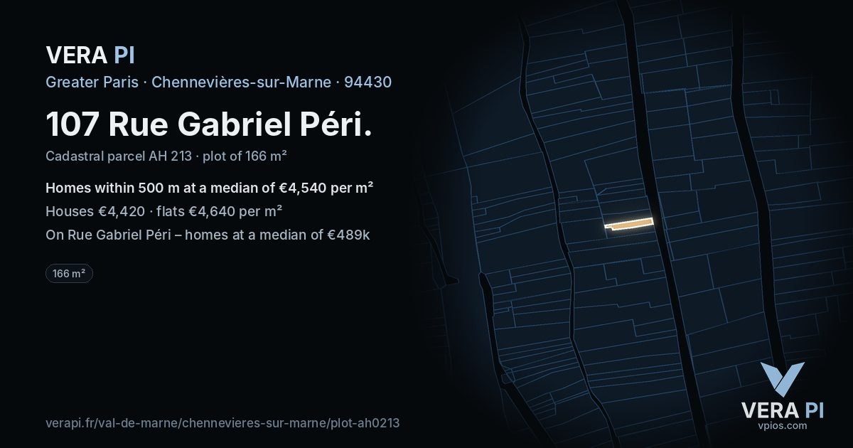 107 Rue Gabriel Péri, Chennevières-sur-Marne at night – the plot lit, the parcels around coloured by the prices near them
