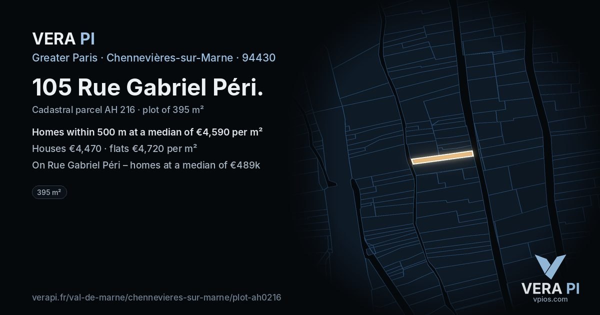 105 Rue Gabriel Péri, Chennevières-sur-Marne at night – the plot lit, the parcels around coloured by the prices near them