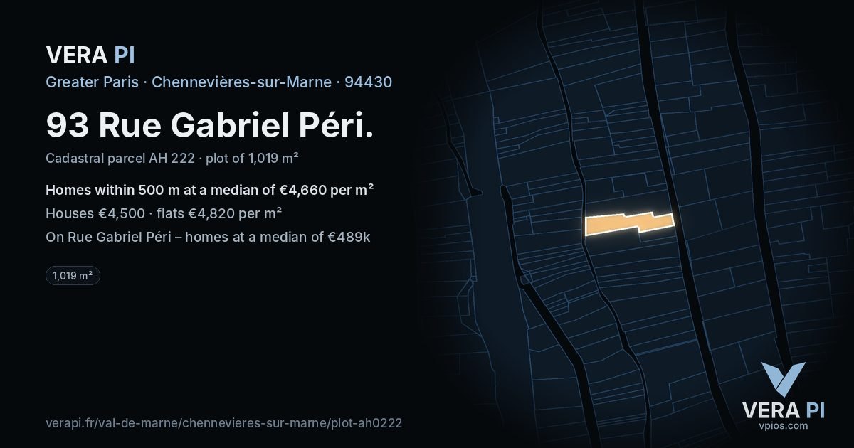 93 Rue Gabriel Péri, Chennevières-sur-Marne at night – the plot lit, the parcels around coloured by the prices near them