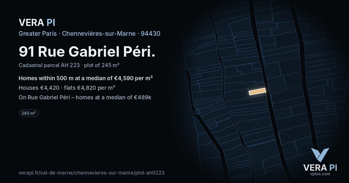 91 Rue Gabriel Péri, Chennevières-sur-Marne at night – the plot lit, the parcels around coloured by the prices near them