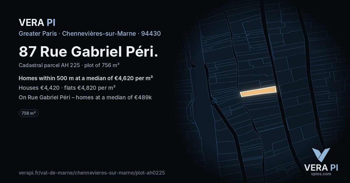 87 Rue Gabriel Péri, Chennevières-sur-Marne at night – the plot lit, the parcels around coloured by the prices near them