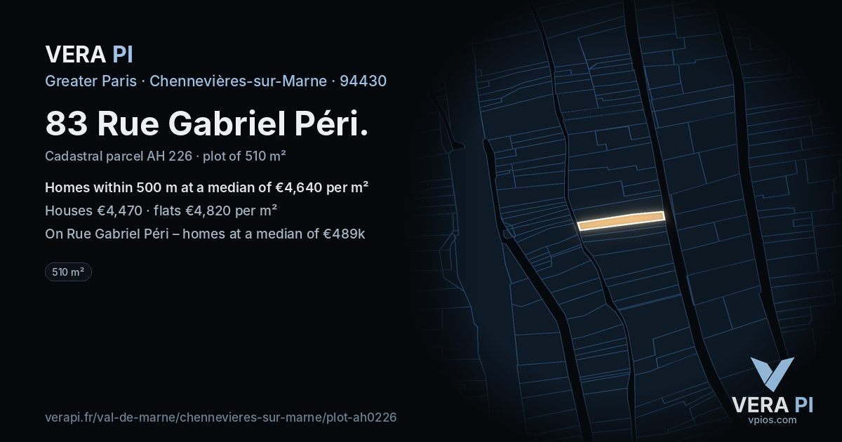 83 Rue Gabriel Péri, Chennevières-sur-Marne at night – the plot lit, the parcels around coloured by the prices near them