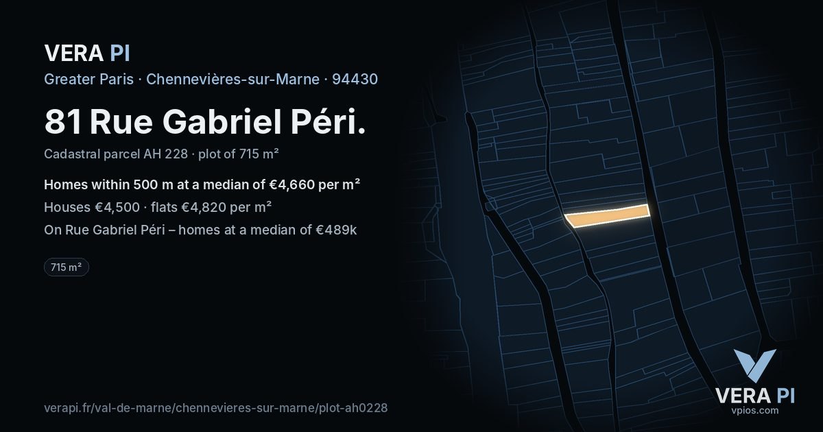 81 Rue Gabriel Péri, Chennevières-sur-Marne at night – the plot lit, the parcels around coloured by the prices near them