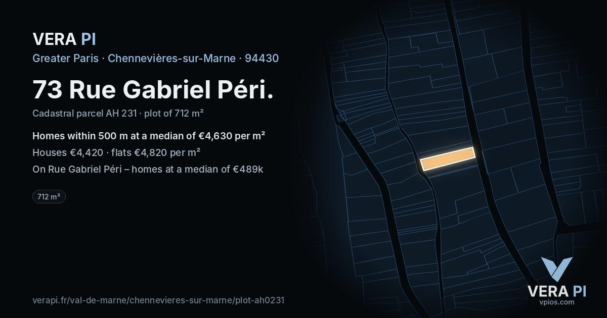 73 Rue Gabriel Péri, Chennevières-sur-Marne at night – the plot lit, the parcels around coloured by the prices near them