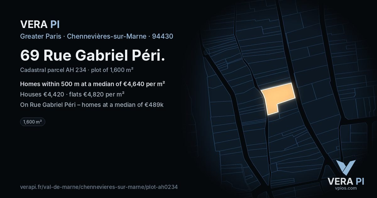 69 Rue Gabriel Péri, Chennevières-sur-Marne at night – the plot lit, the parcels around coloured by the prices near them