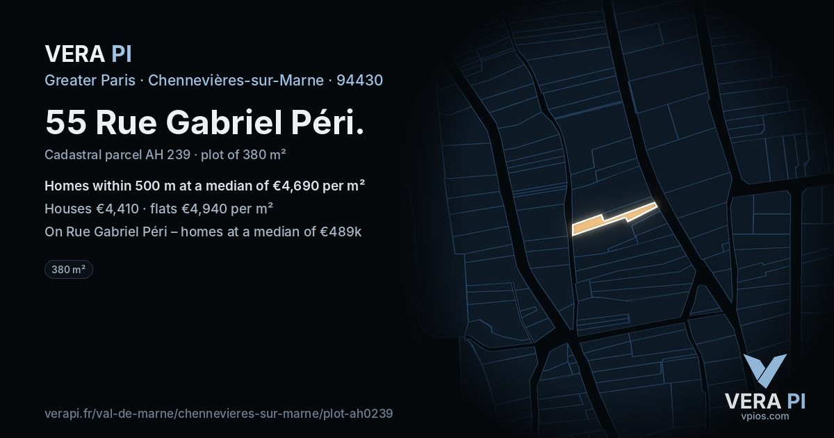 55 Rue Gabriel Péri, Chennevières-sur-Marne at night – the plot lit, the parcels around coloured by the prices near them