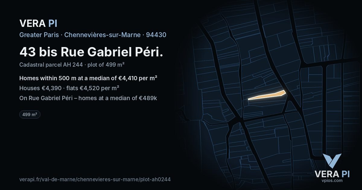 43 bis Rue Gabriel Péri, Chennevières-sur-Marne at night – the plot lit, the parcels around coloured by the prices near them
