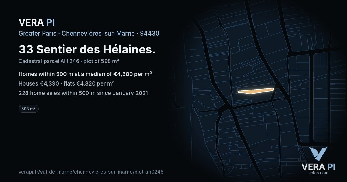 33 Sentier des Hélaines, Chennevières-sur-Marne at night – the plot lit, the parcels around coloured by the prices near them