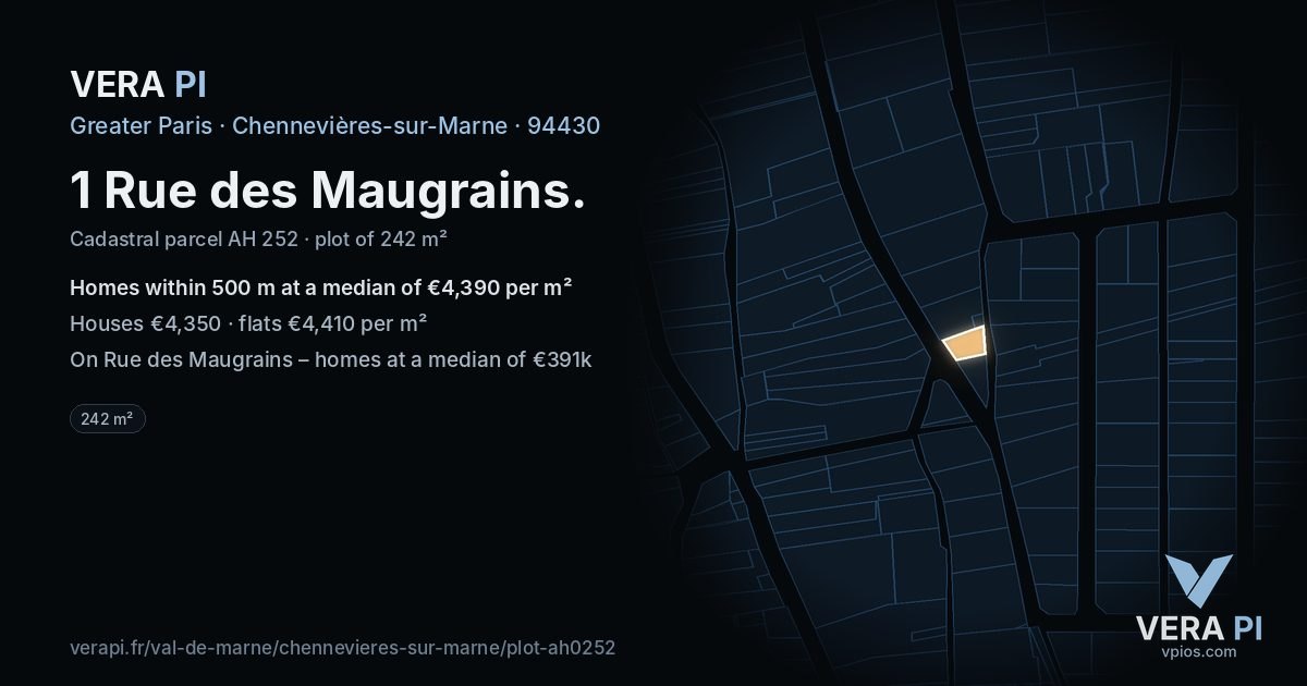 1 Rue des Maugrains, Chennevières-sur-Marne at night – the plot lit, the parcels around coloured by the prices near them