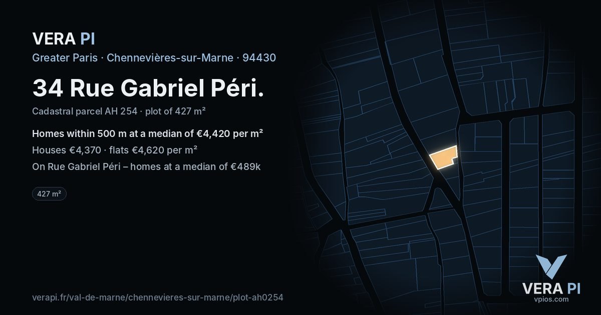 34 Rue Gabriel Péri, Chennevières-sur-Marne at night – the plot lit, the parcels around coloured by the prices near them