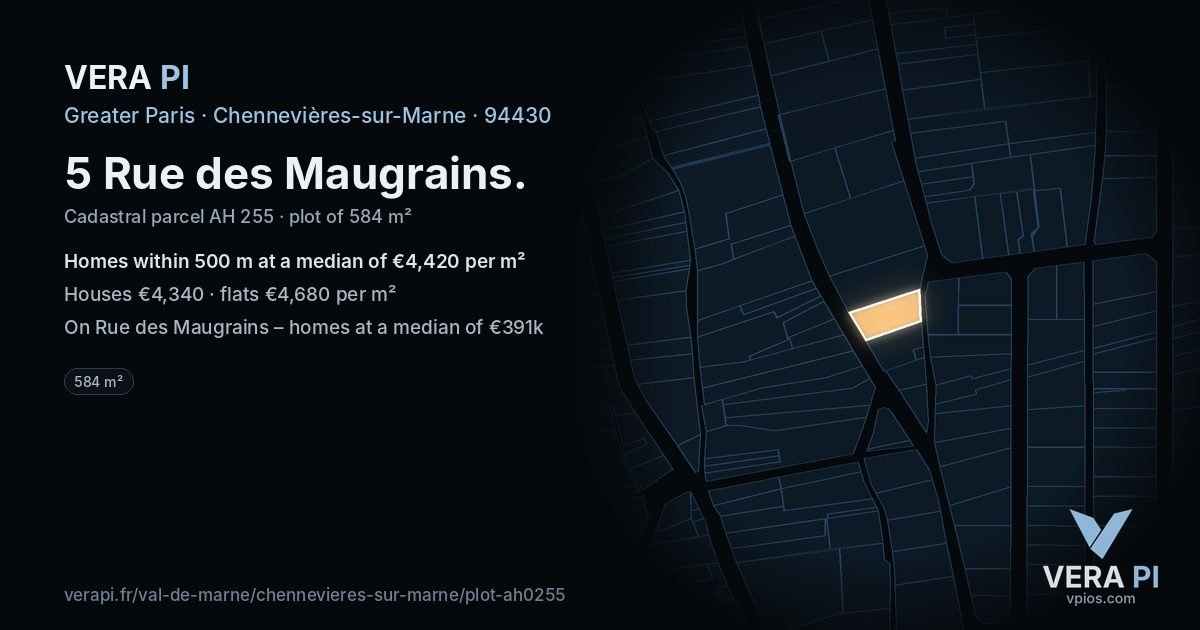 5 Rue des Maugrains, Chennevières-sur-Marne at night – the plot lit, the parcels around coloured by the prices near them