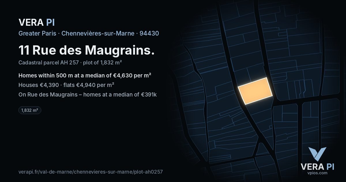 11 Rue des Maugrains, Chennevières-sur-Marne at night – the plot lit, the parcels around coloured by the prices near them