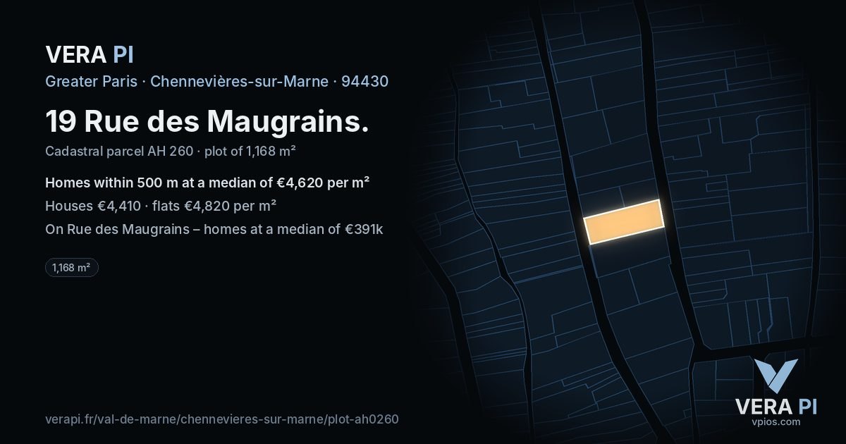 19 Rue des Maugrains, Chennevières-sur-Marne at night – the plot lit, the parcels around coloured by the prices near them