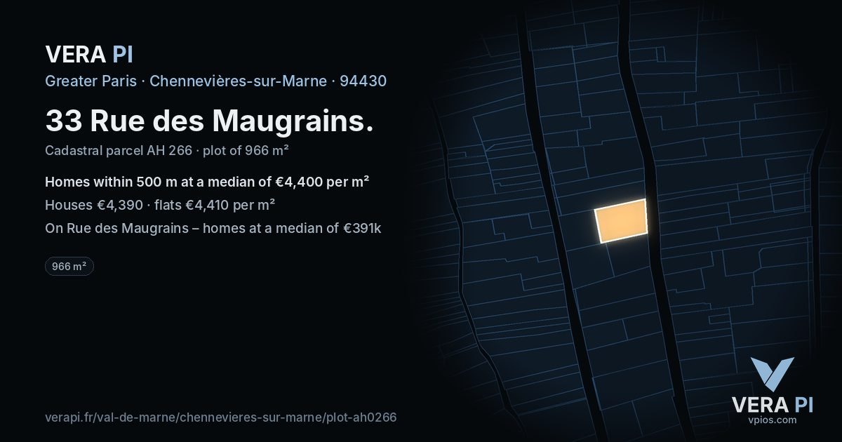 33 Rue des Maugrains, Chennevières-sur-Marne at night – the plot lit, the parcels around coloured by the prices near them