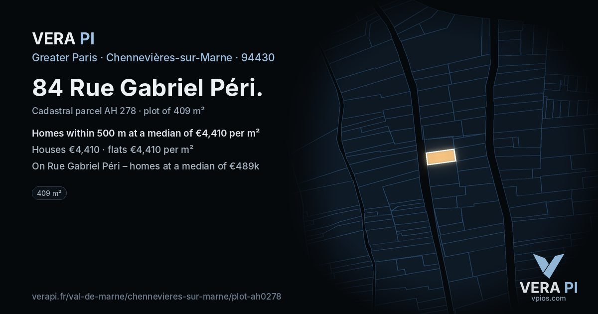 84 Rue Gabriel Péri, Chennevières-sur-Marne at night – the plot lit, the parcels around coloured by the prices near them
