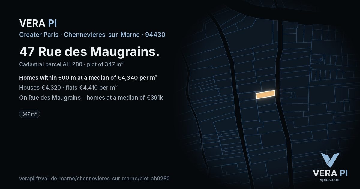 47 Rue des Maugrains, Chennevières-sur-Marne at night – the plot lit, the parcels around coloured by the prices near them
