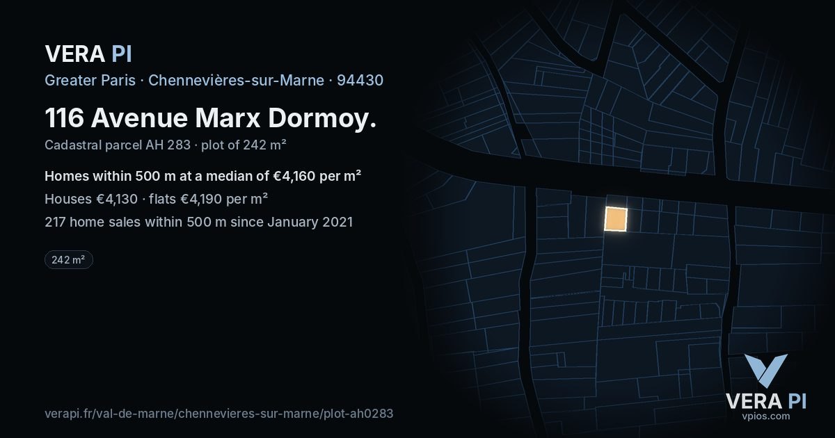 116 Avenue Marx Dormoy, Chennevières-sur-Marne at night – the plot lit, the parcels around coloured by the prices near them