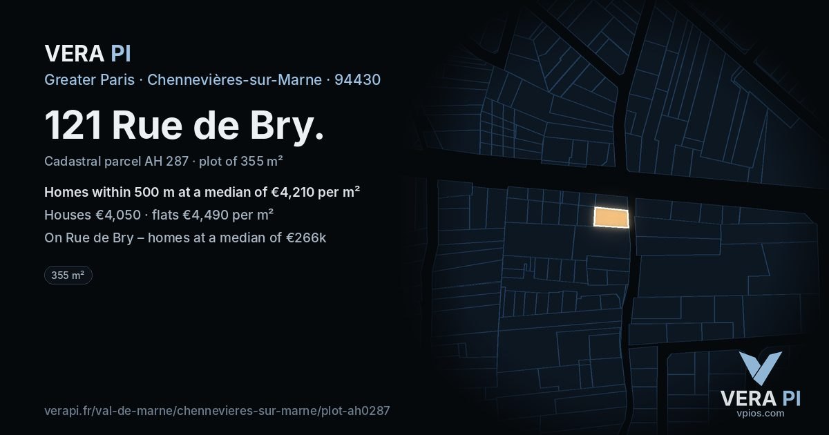 121 Rue de Bry, Chennevières-sur-Marne at night – the plot lit, the parcels around coloured by the prices near them