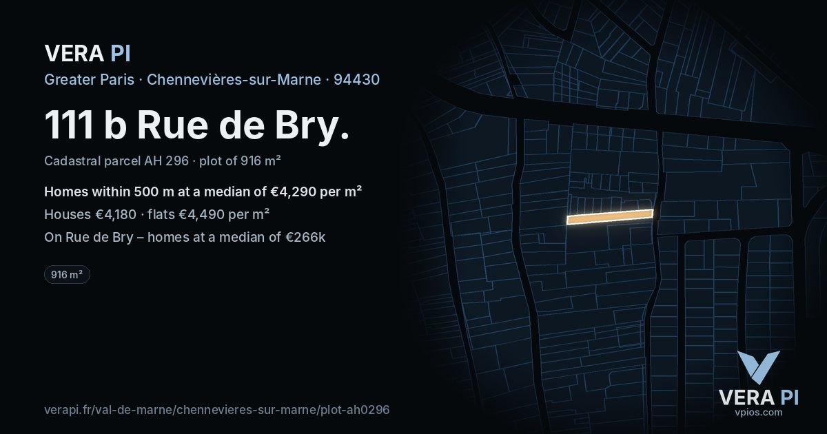 111 b Rue de Bry, Chennevières-sur-Marne at night – the plot lit, the parcels around coloured by the prices near them