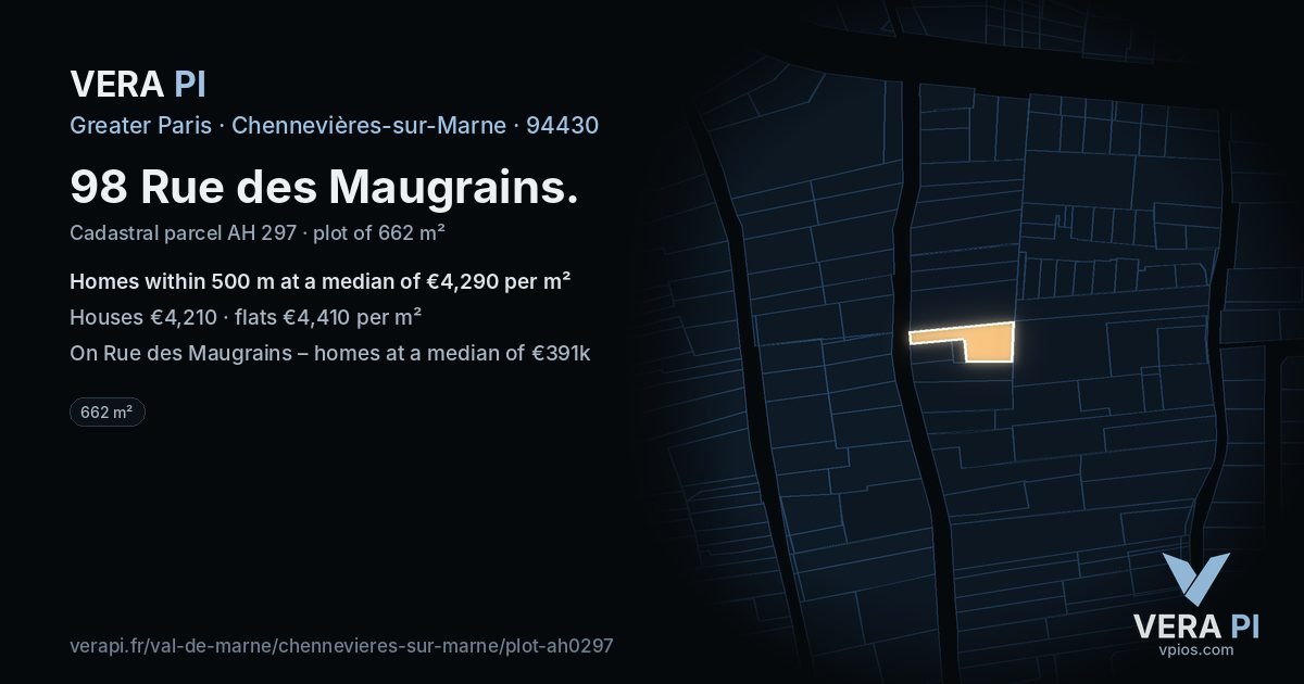 98 Rue des Maugrains, Chennevières-sur-Marne at night – the plot lit, the parcels around coloured by the prices near them