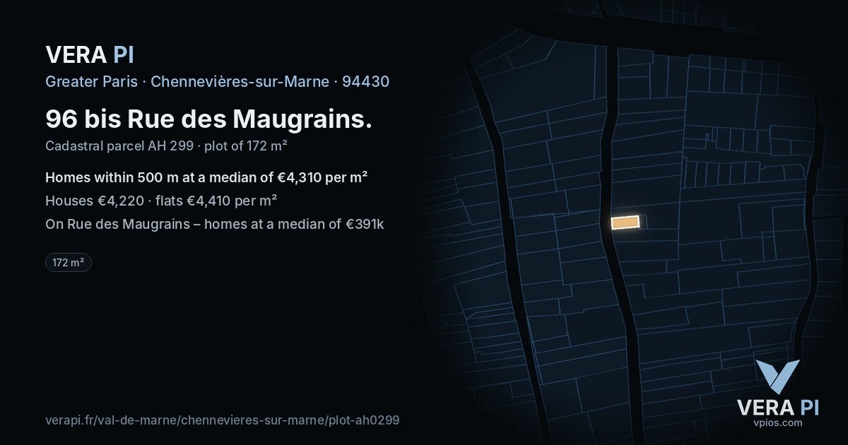 96 bis Rue des Maugrains, Chennevières-sur-Marne at night – the plot lit, the parcels around coloured by the prices near them