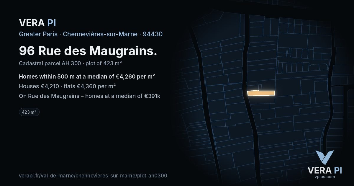 96 Rue des Maugrains, Chennevières-sur-Marne at night – the plot lit, the parcels around coloured by the prices near them
