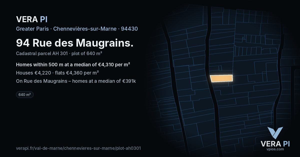 94 Rue des Maugrains, Chennevières-sur-Marne at night – the plot lit, the parcels around coloured by the prices near them