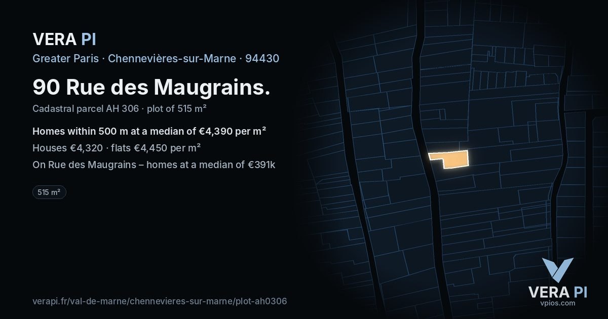 90 Rue des Maugrains, Chennevières-sur-Marne at night – the plot lit, the parcels around coloured by the prices near them