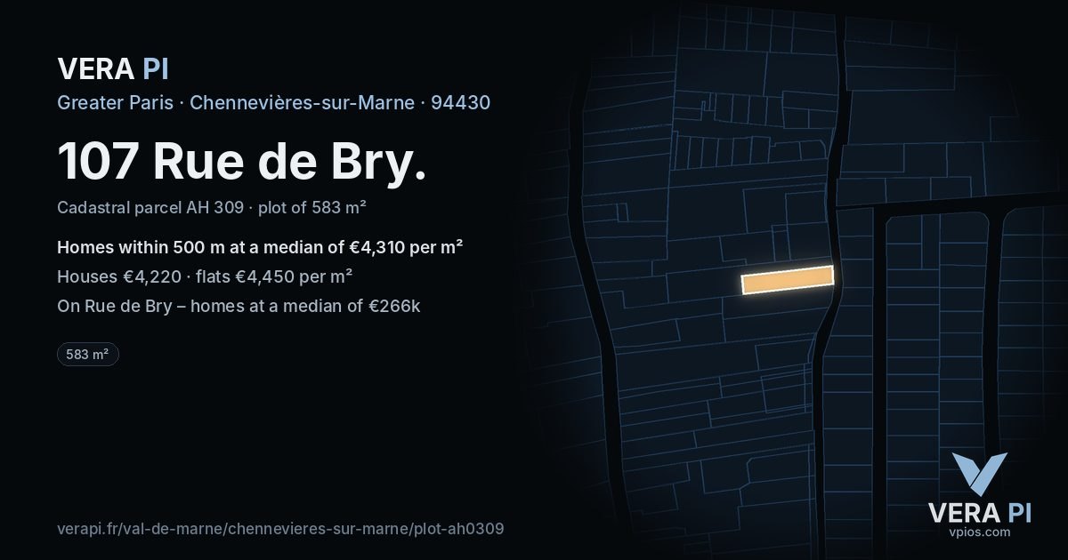 107 Rue de Bry, Chennevières-sur-Marne at night – the plot lit, the parcels around coloured by the prices near them
