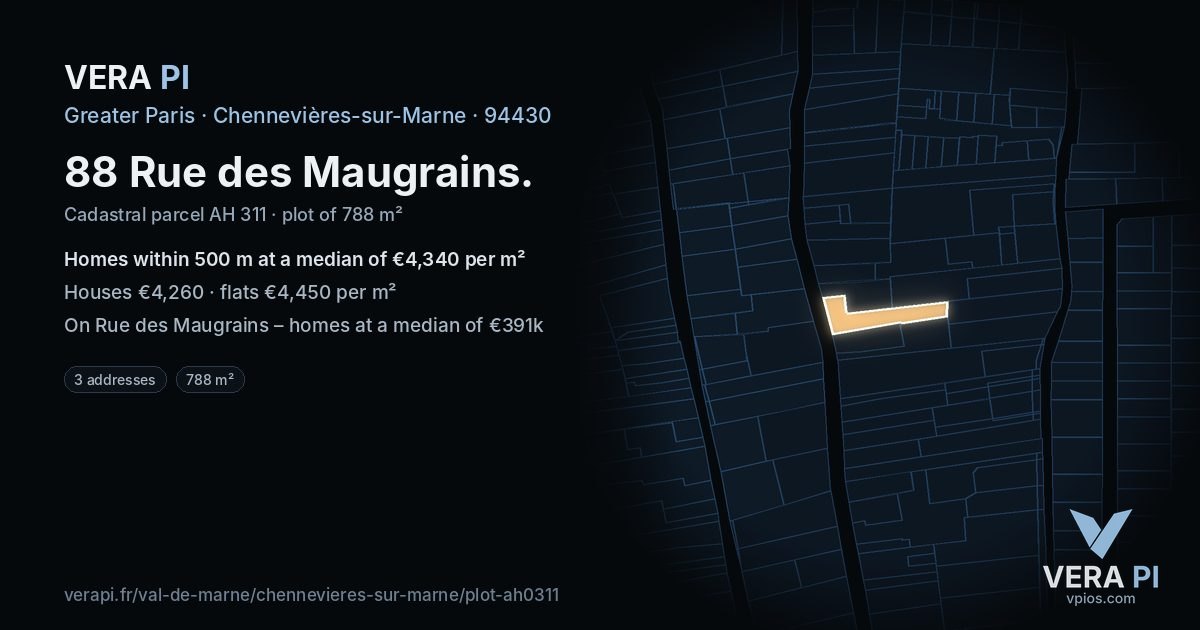 88 Rue des Maugrains, Chennevières-sur-Marne at night – the plot lit, the parcels around coloured by the prices near them