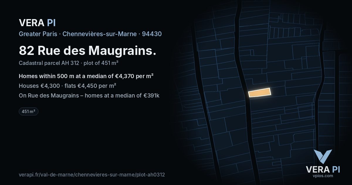 82 Rue des Maugrains, Chennevières-sur-Marne at night – the plot lit, the parcels around coloured by the prices near them