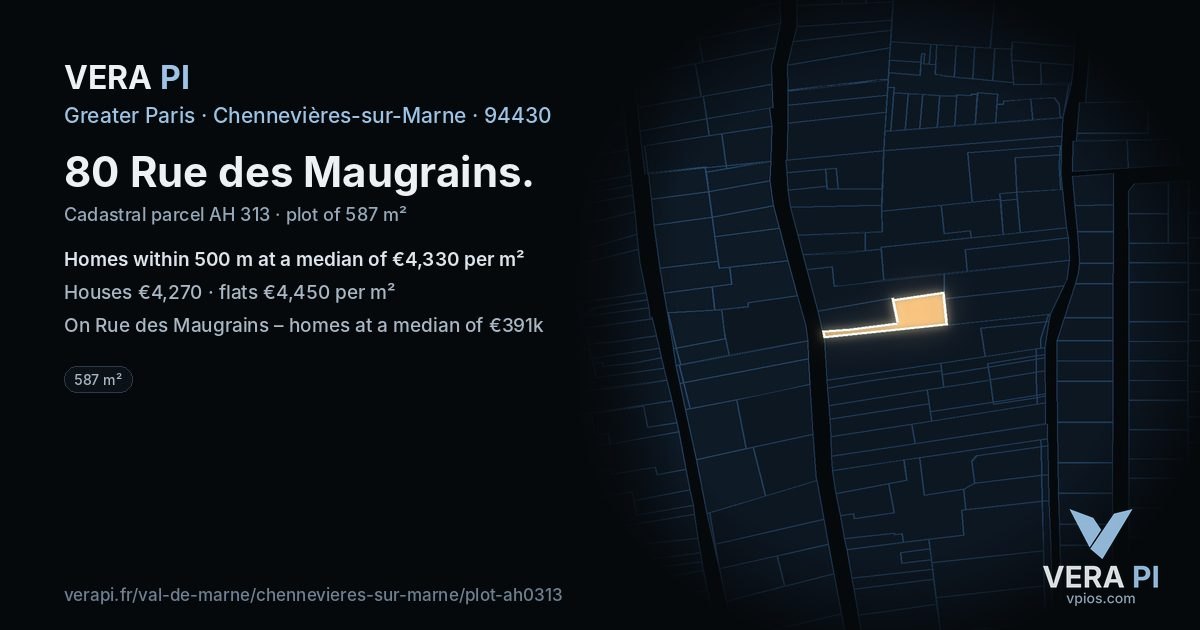 80 Rue des Maugrains, Chennevières-sur-Marne at night – the plot lit, the parcels around coloured by the prices near them