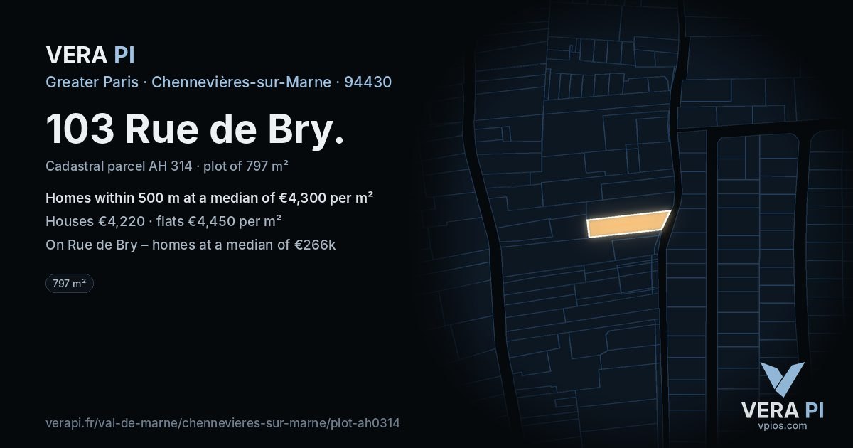 103 Rue de Bry, Chennevières-sur-Marne at night – the plot lit, the parcels around coloured by the prices near them
