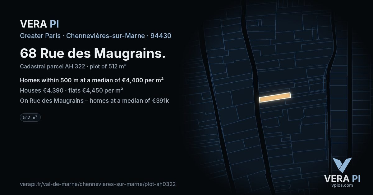 68 Rue des Maugrains, Chennevières-sur-Marne at night – the plot lit, the parcels around coloured by the prices near them