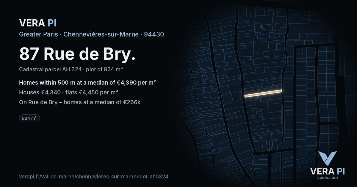 87 Rue de Bry, Chennevières-sur-Marne at night – the plot lit, the parcels around coloured by the prices near them