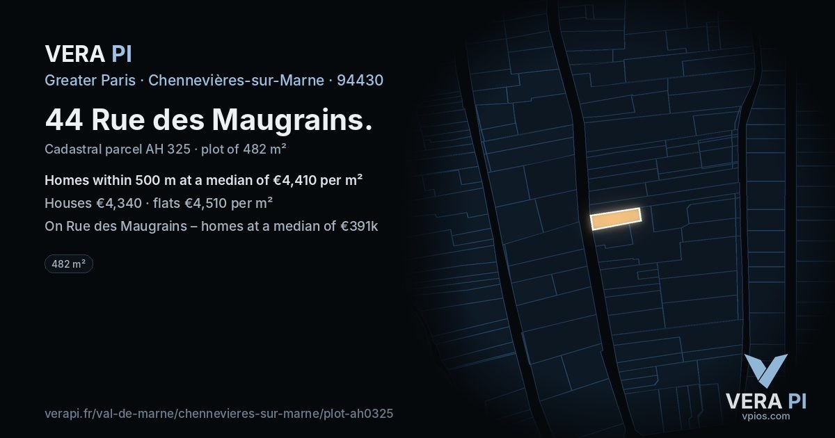 44 Rue des Maugrains, Chennevières-sur-Marne at night – the plot lit, the parcels around coloured by the prices near them